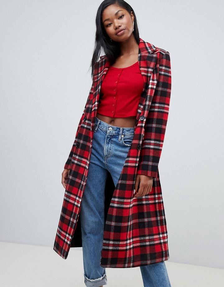 Bershka Plaid Long Line Car Coat - Multi