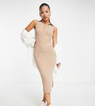 River Island Petite Button Detail Shirt Midi Dress In Stone-neutral