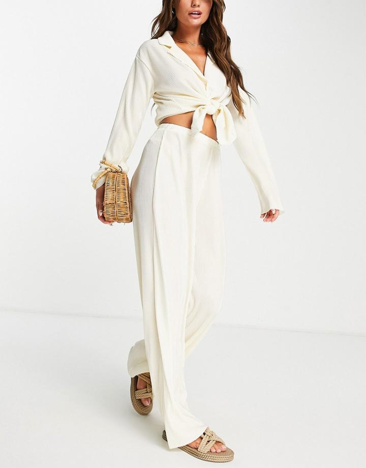 Asos Design Plisse Wide Leg Beach Pants In Ivory - Part Of A Set-white
