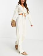 Asos Design Plisse Wide Leg Beach Pants In Ivory - Part Of A Set-white