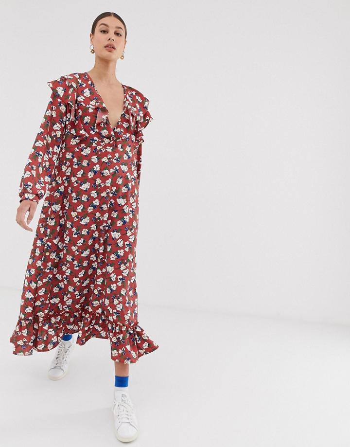 Ghospell Oversized Midi Dress With Ruffle Hem And Sleeves In Floral Print-red