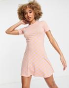 Asos Design Mini Tea Dress In Lilac And Orange Checkerboard Print-multi