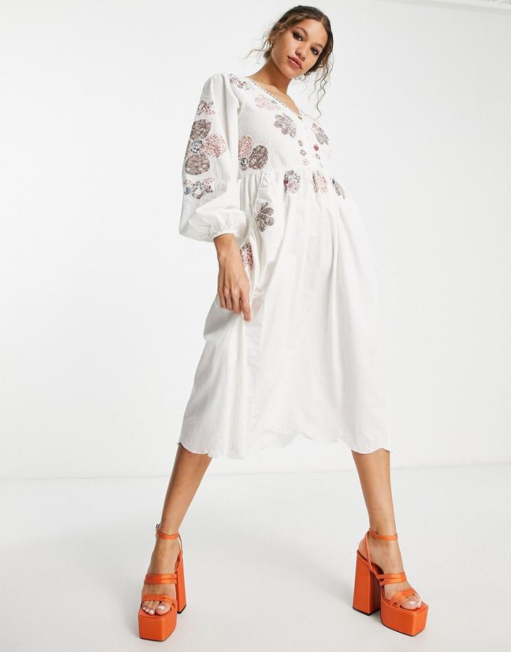 Asos Design Patchwork Floral Embroidered Bellow Pocket Midi Dress In White
