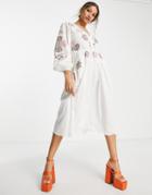 Asos Design Patchwork Floral Embroidered Bellow Pocket Midi Dress In White