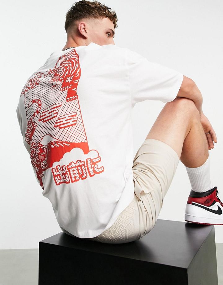 Asos Design Oversized T-shirt In White Cotton Blend With Tiger Back Print - White