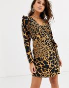 Asos Design Wrap Mini Dress With Extreme Sleeves In Animal Print - Multi