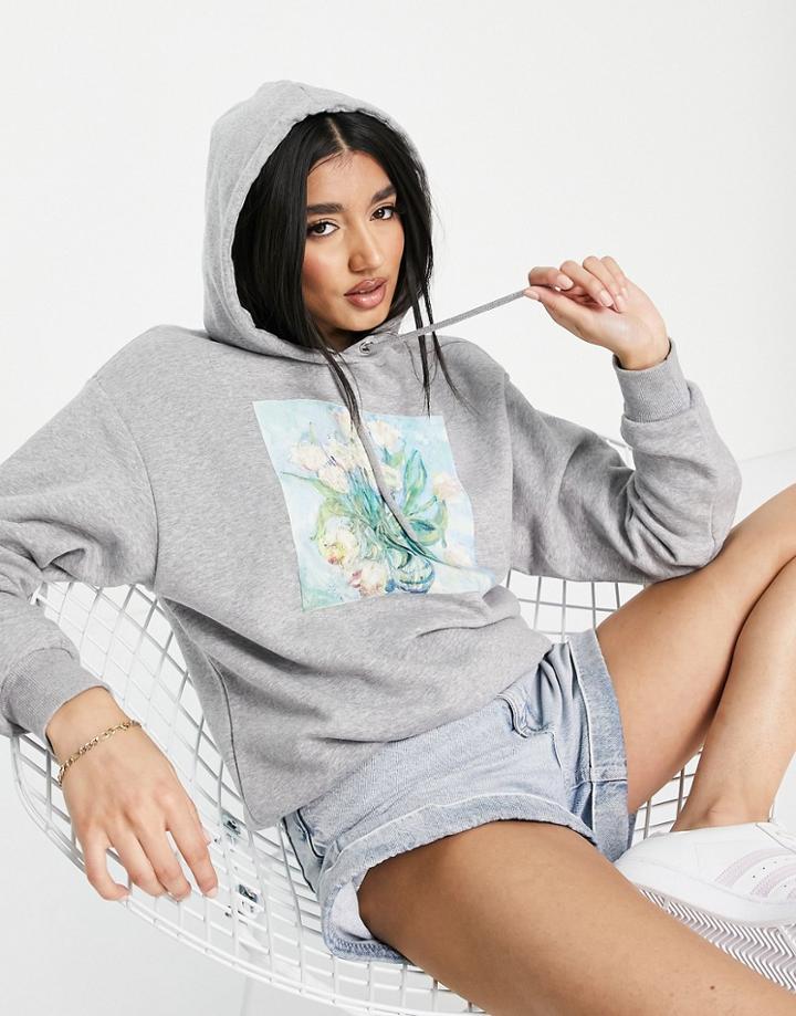 Monki Front Print Hoodie In Gray