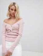 Asos Design Sweater With Knot Front In Rib - Pink