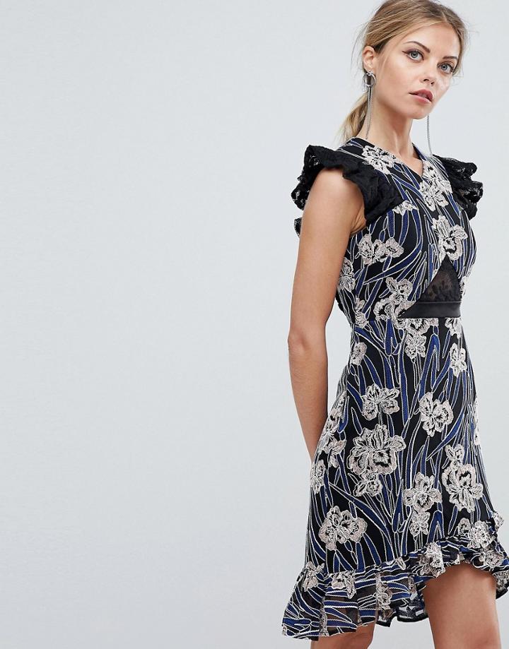 Three Floor Printed Asymmetric Hem Mini Dress With Lace Insert - Multi