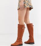 Asos Design Wide Fit Constance Flat Knee Boots In Tan