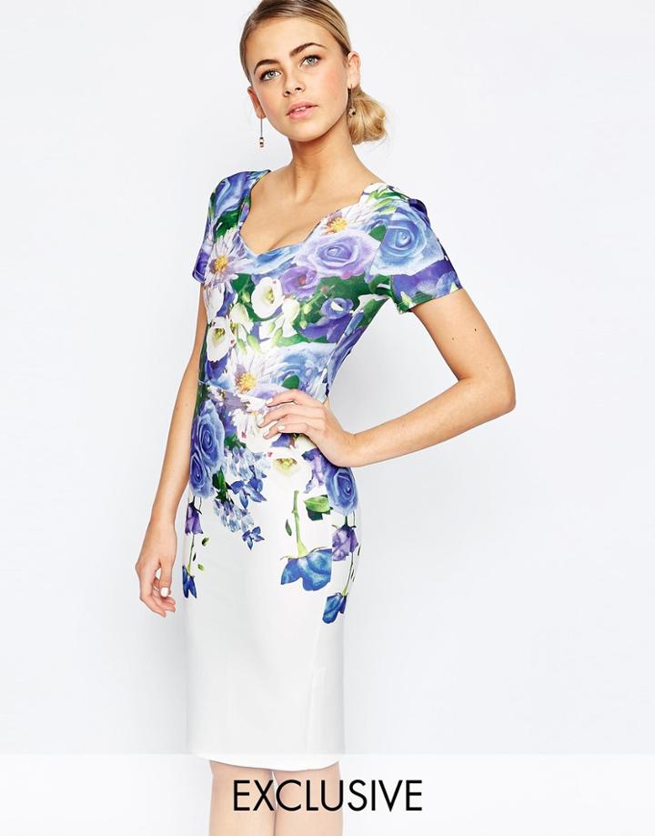 Hope And Ivy Floral Pencil Dress With Scallop Neck - Blue Multi