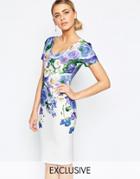Hope And Ivy Floral Pencil Dress With Scallop Neck - Blue Multi