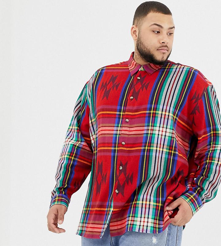 Asos Design Plus Oversized Geo-tribal Check Shirt In Red - Red