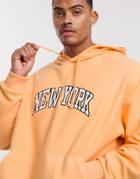 Asos Design Oversized Hoodie In Reverse Fleece With New York Embroidery-orange