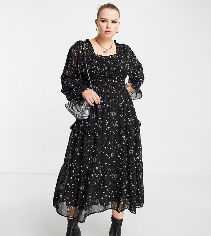 Violet Romance Plus Shirred Square Neck Midi Dress In Celestial Print-black