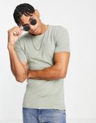Asos Design Organic Muscle Fit T-shirt With Crew Neck In Washed Khaki-green