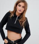 Missguided Petite Cropped Zip Through Polo Top In Black - Black