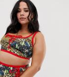 Asos Design Curve Recycled Lace Up Contrast Bind Crop Bikini Top In Leopard Tropical Print - Red