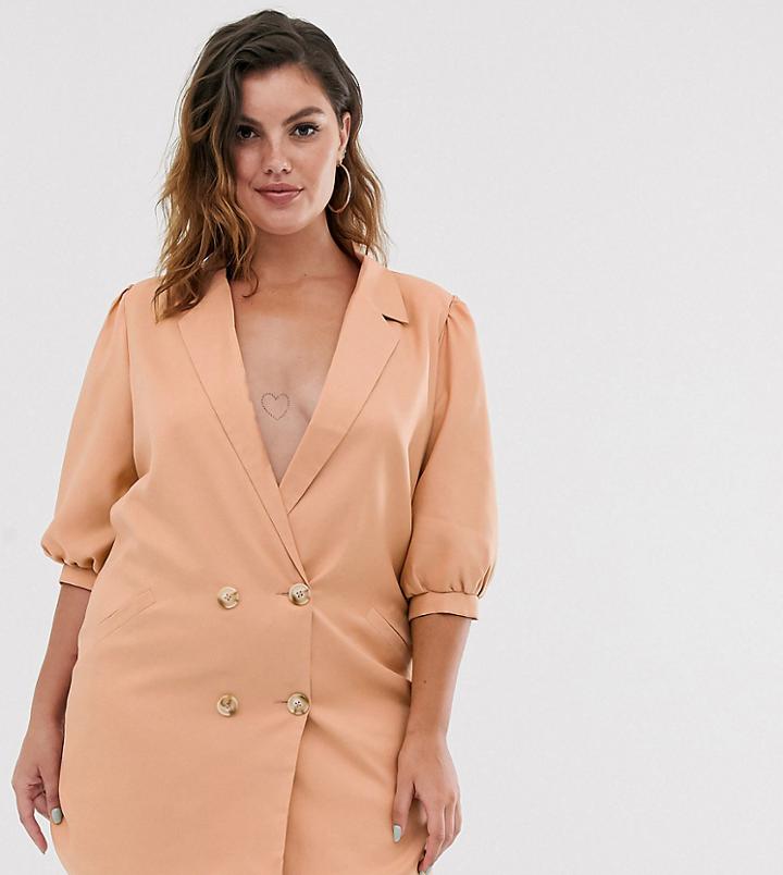 In The Style Plus Puff Sleeve Tuxedo Blazer Dress In Taupe-brown