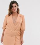In The Style Plus Puff Sleeve Tuxedo Blazer Dress In Taupe-brown