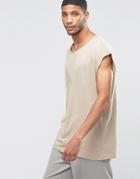 Asos Super Oversized Sleeveless T-shirt With Raw Edge And Scoop Neck In Beige - Blonde