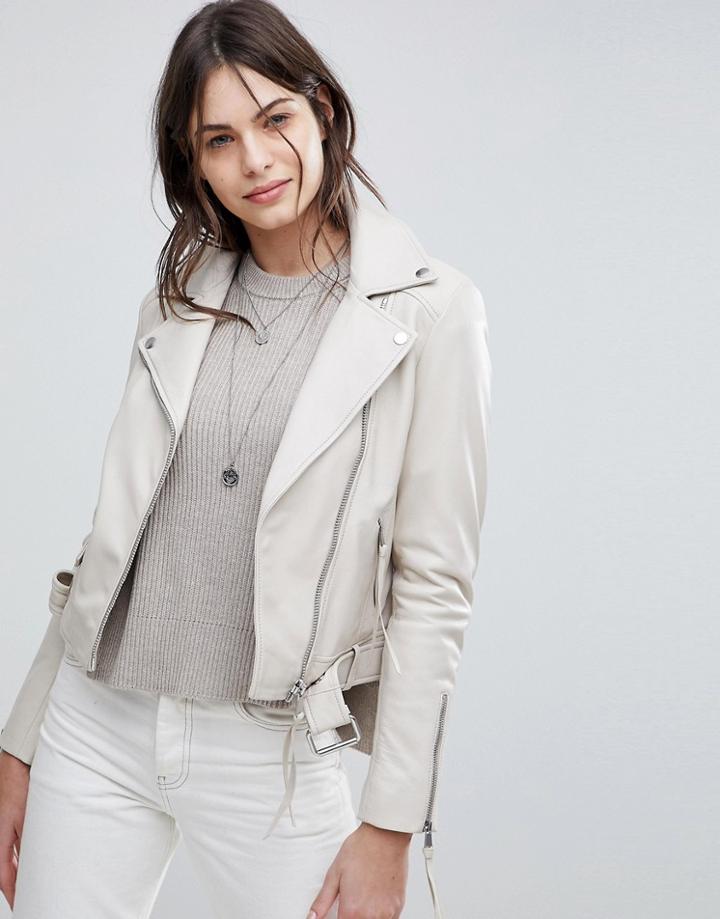 Lab Leather Biker Jacket With Belt - Gray