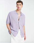 Asos Design Oversized Knitted Button Through Polo In Purple