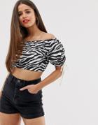 Asos Design Off Shoulder Top In Zebra With Rope Trim - Black