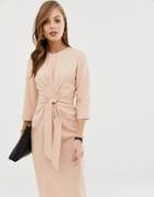 Asos Design Tie Wrap Around Midi Dress In Light Pink