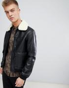 Another Influence Faux Leather Faux Fur Collar Bomber Jacket - Black