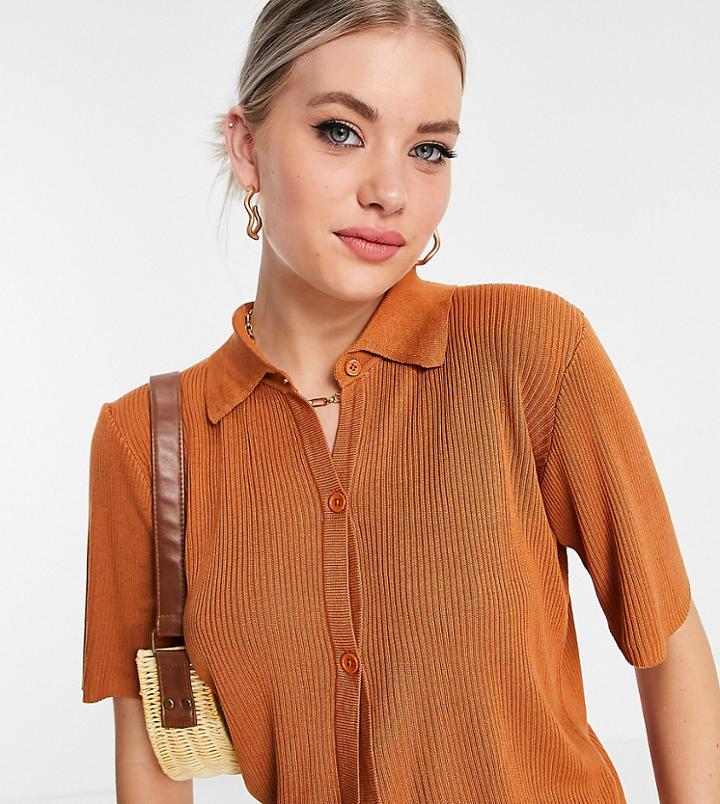 Threadbare Tall Mel Knitted Short Sleeve Polo Top In Dark Caramel-brown