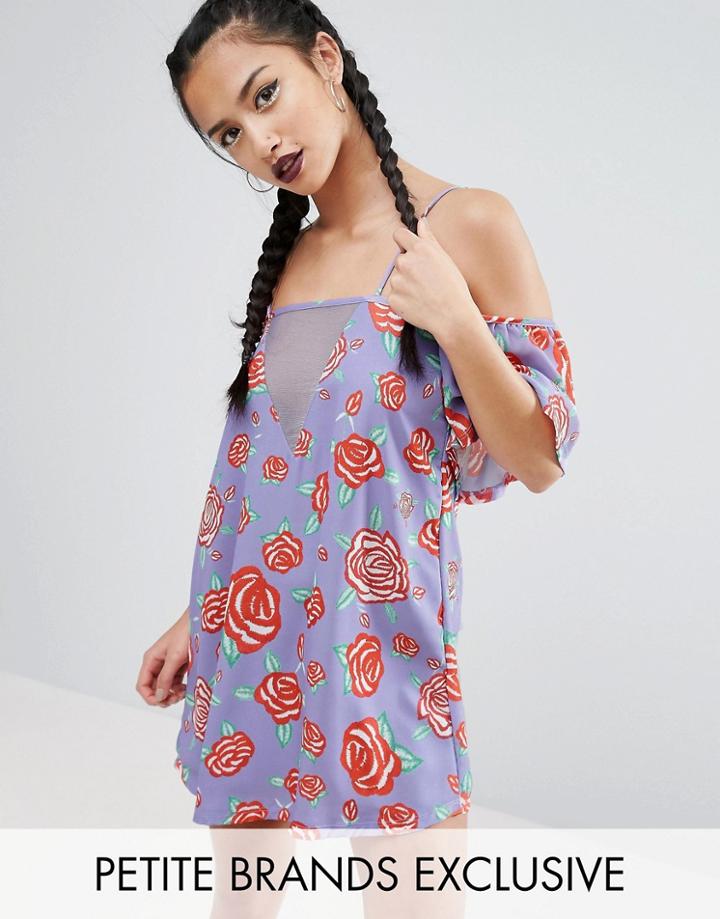 Jaded London Petite Frill Cold Shoulder Printed Mini Tea Dress - Multi