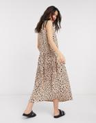 Topshop Dropped Waist Midi Dress In Animal Print-brown