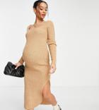 Asos Design Maternity Ribbed Midi Dress With Square Neck In Camel-neutral