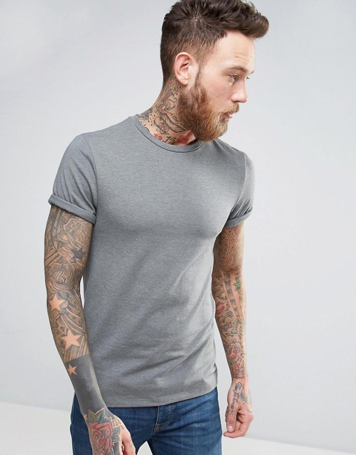 Asos Muscle T-shirt With Roll Sleeve In Gray Marl - Gray