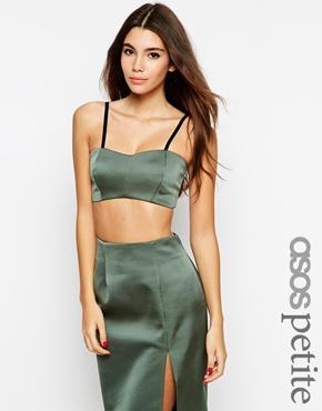 Asos Petite Exclusive Co-ord Crop Top In Bonded Satin - Khaki