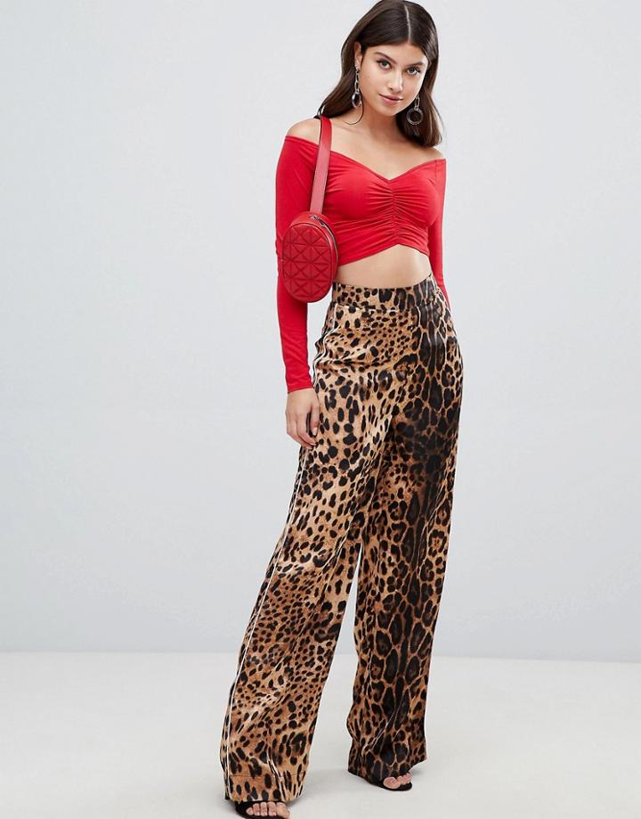 Prettylittlething Wide Leg Pants In Leopard - Tan