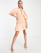Asos Design Puff Sleeve Keyhole Shirred Mini Dress In Peach-orange