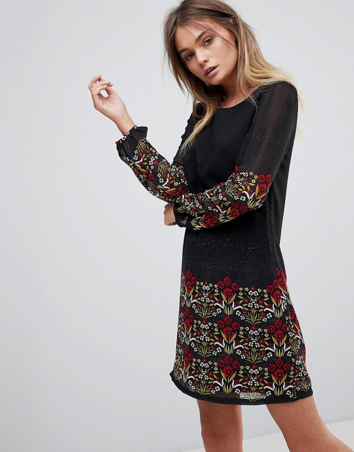 Yumi Long Sleeve Tunic Dress In Border Print - Navy
