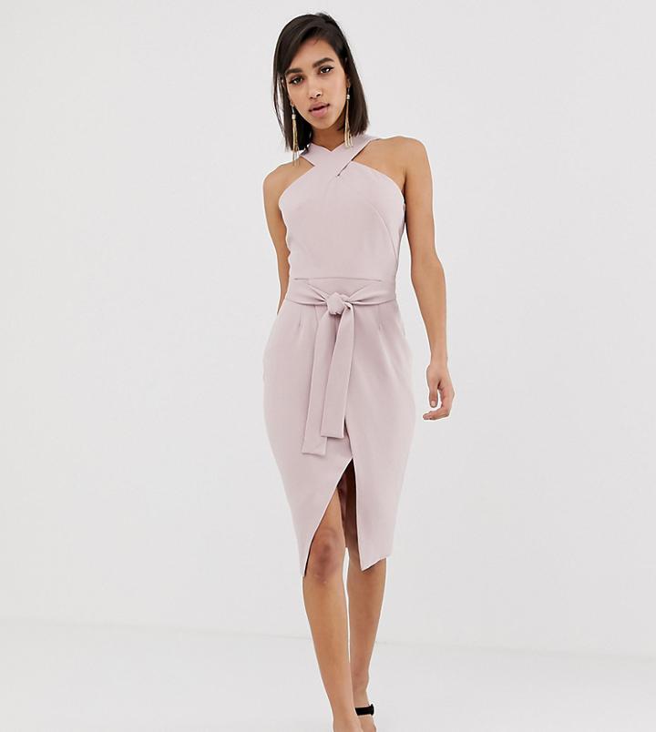Lavish Alice Halter Neck Wrap Front Midi Dress In Dusty Pink - Pink