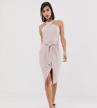 Lavish Alice Halter Neck Wrap Front Midi Dress In Dusty Pink - Pink