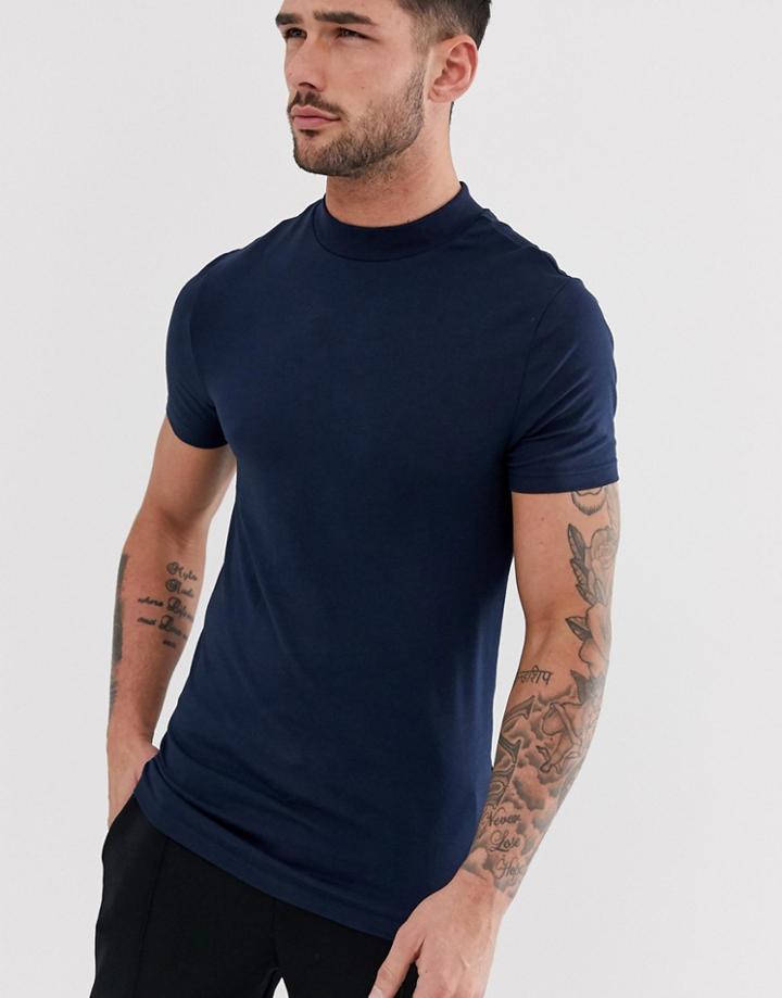 Asos Design Organic Muscle Fit Jersey Turtleneck In Navy