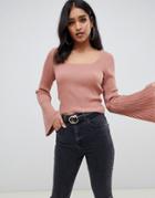 Asos Design Square Neck Sweater With Flared Sleeve - Pink