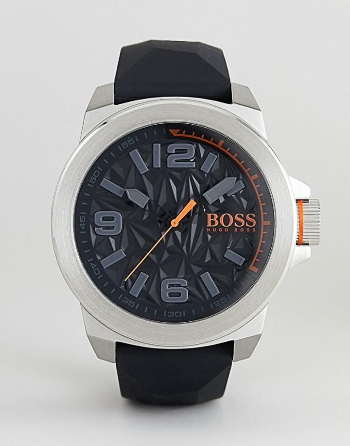 Boss Orange Leather Strap Watch In Black - Black