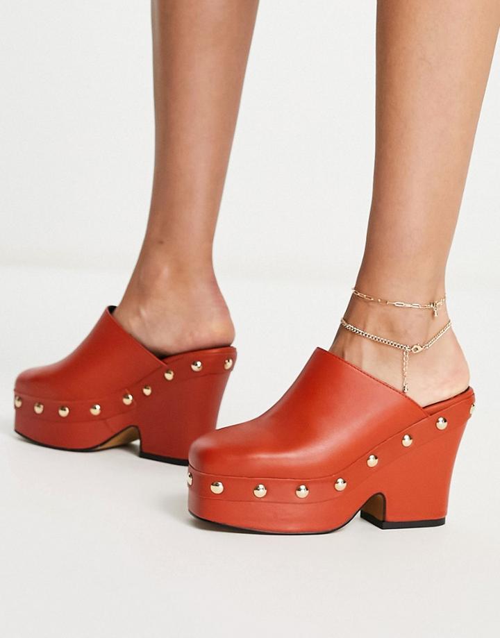 Topshop Rowan Leather Heeled Clog In Orange