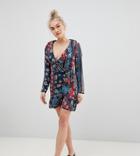 Parisian Petite Floral And Stripe Print Wrap Dress With Frill - Multi