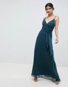 Asos Design Cami Wrap Maxi Dress With Tie Waist-green