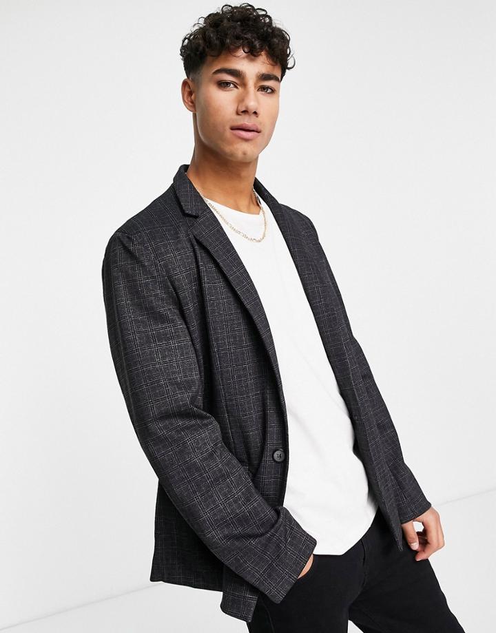 Brave Soul Dark Gray Checked Formal Blazer