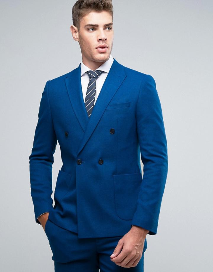 Asos Skinny Double Breasted Suit Jacket In Blue Micro Texture - Blue
