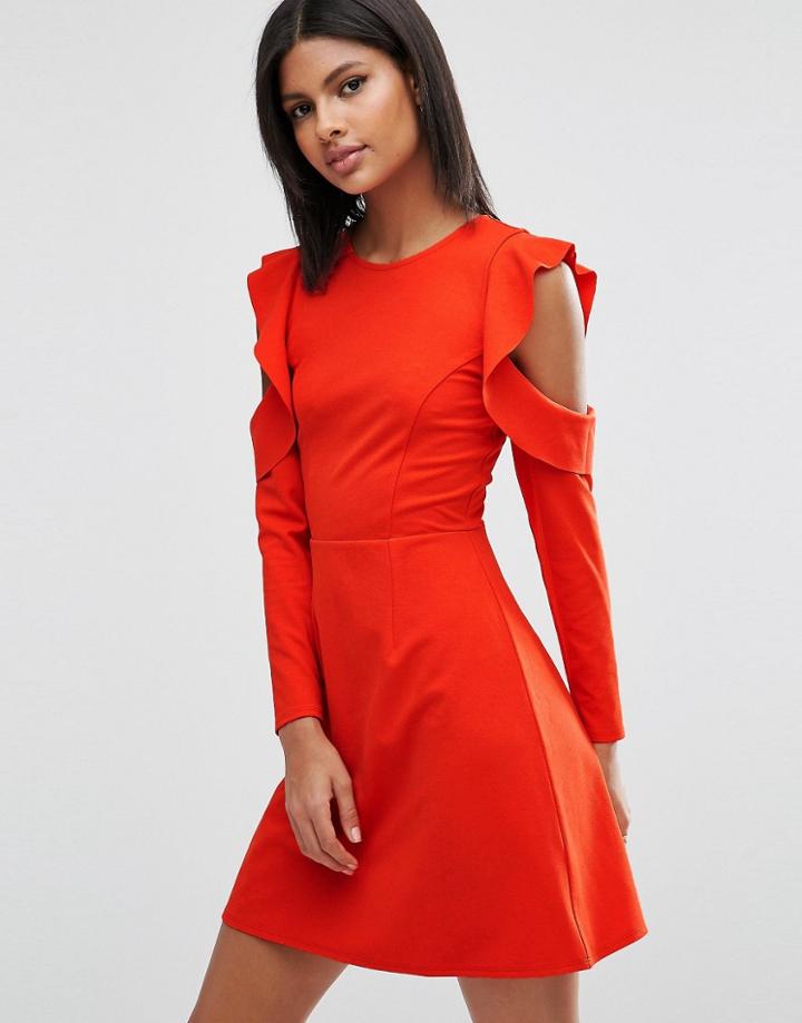 Asos Skater Dress With Cold Shoulder Frill Sleeve Detail - Red